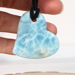 OCEAN-BLUE Larimar Heart Pendant with cord, Top-grade Larimar Stone Pendant Boho, Drilled Larimar Heart