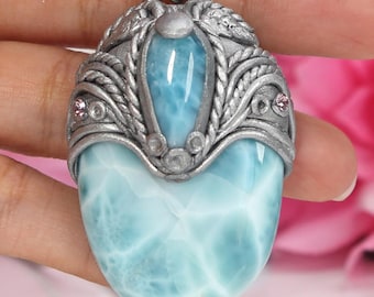 Grote dubbele larimar-stenen hanger, polymeerklei, kristallen talisman-hangerketting, oceaanblauwe larimar, cadeau