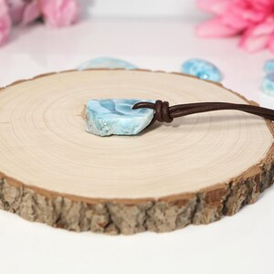 Rustic Larimar Stone Pendant, Drilled Larimar, Men Boho Larimar Pendant Necklace with Leather Cord