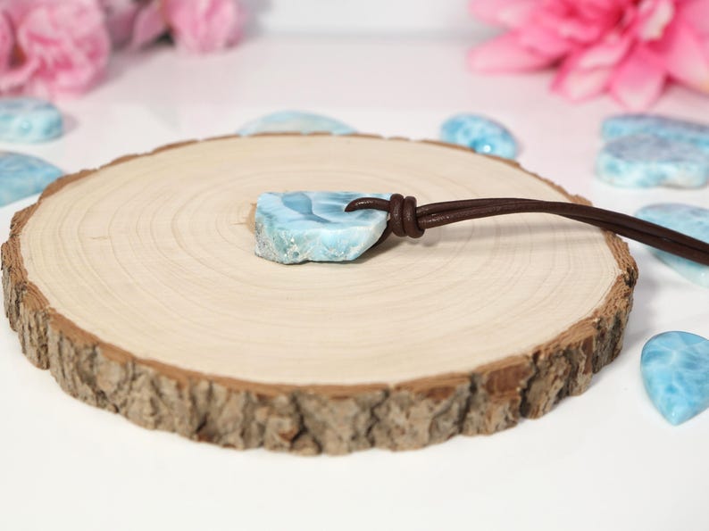 Rustic Larimar Stone Pendant, Drilled Larimar, Men Boho Larimar Pendant Necklace with Leather Cord