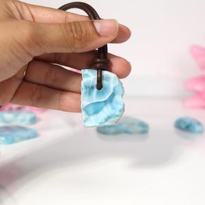 Rustic Larimar Stone Pendant, Drilled Larimar, Men Boho Larimar Pendant Necklace with Leather Cord