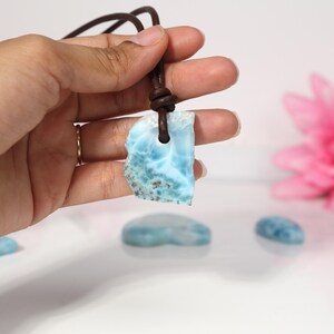 Rustic Larimar Stone Pendant, Drilled Larimar, Men Boho Larimar Pendant Necklace with Leather Cord