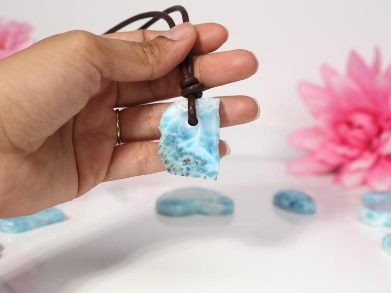 Rustic Larimar Stone Pendant, Drilled Larimar, Men Boho Larimar Pendant Necklace with Leather Cord