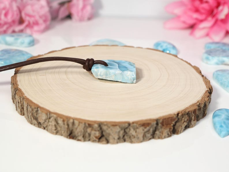 Rustic Larimar Stone Pendant, Drilled Larimar, Men Boho Larimar Pendant Necklace with Leather Cord