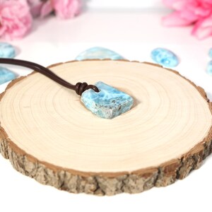 Rustic Larimar Stone Pendant, Drilled Larimar, Men Boho Larimar Pendant Necklace with Leather Cord