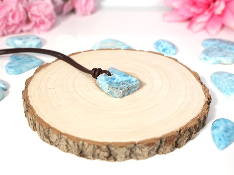 Rustic Larimar Stone Pendant, Drilled Larimar, Men Boho Larimar Pendant Necklace with Leather Cord