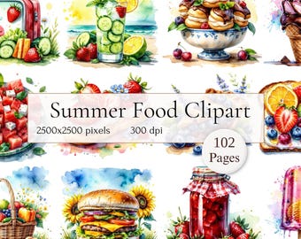 Clipart zomervoedsel: fruit, ijs, drankjes, png's (digitale download)