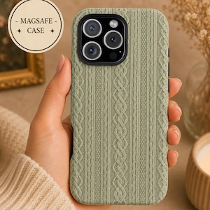 Cable Knit MagSafe Phone Case, Sage Green Cozy Sweater iPhone, Samsung Cover