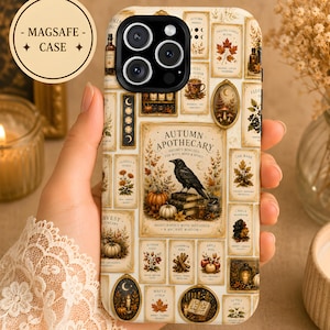 May include: A MagSafe phone case featuring a collage of vintage-style labels and illustrations with an autumn apothecary theme. The design includes a central crow on books, pumpkins, leaves, cinnamon sticks, and text reading Autumn Apothecary.