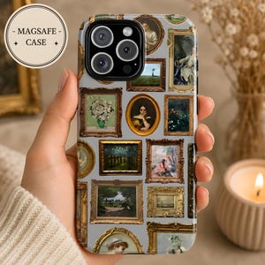 May include: A phone case featuring a collage of various classical paintings in ornate gold frames against a light gray background. The design includes portraits, landscapes, and floral still lifes, with a prominent black camera lens cutout.