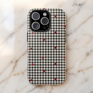 Ladybug Gingham Phone Case - Cottagecore Checkered Case for iPhone Samsung Google Pixel