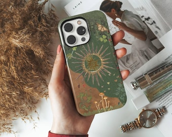 Green Cottagecore Mushroom Phone Case Forest Sun Fairycore iPhone Samsung Google Pixel