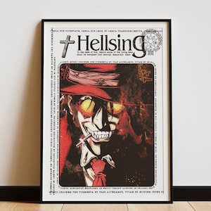 Peut inclure: Affiche encadrée de l'anime Hellsing. L'œuvre représente un personnage avec un chapeau et un manteau rouges, fumant une cigarette. L'affiche porte le titre "Hellsing" en haut. Sur un mur blanc et un sol en bois.