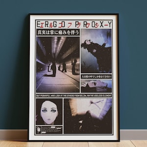 Könnte beinhalten: Gerahmtes Poster mit schwarzem Rahmen, das ein Comic-Layout mit japanischem Text und Bildern zeigt. Das Kunstwerk hat eine dunkle, stimmungsvolle Ästhetik mit Figuren in einem Korridor und einer Nahaufnahme eines Gesichts. Der Text enthält den Satz "Wahrheit verursacht immer Schmerz."