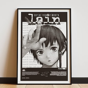 May include: Black and white framed poster featuring anime-style artwork. The image shows a girl with short dark hair, a finger raised, and the text "serial experiments lain" at the top. The poster is displayed on a white wall.