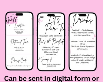 Invitaciones y lista de bebidas para la fiesta de golf femenina