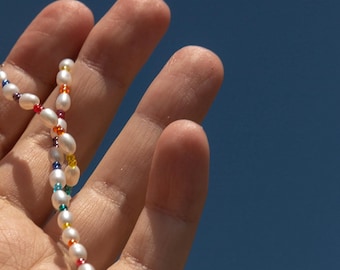 Handmade Pearl Necklace, Colorful Glass Beaded Necklace