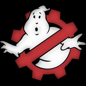 May include: A white cartoon ghost with an open mouth and surprised expression, set against a red gear with a red slash through it, on a black background. The image is a logo for the Ghostbusters franchise.