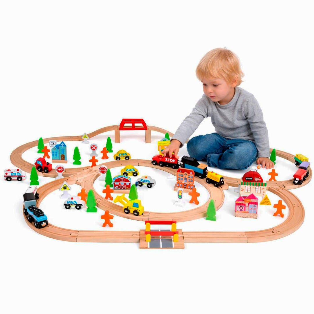 Handmade Wooden Train Set 100+ Pieces – Natural Wood Railway Toy ...