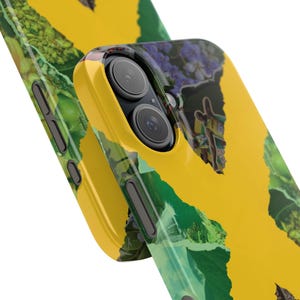 May include: Close-up of two phone cases with a vibrant design. The cases feature a yellow background with green and blue abstract shapes. One case has a camera lens and buttons visible. The design appears to be a collage of images.