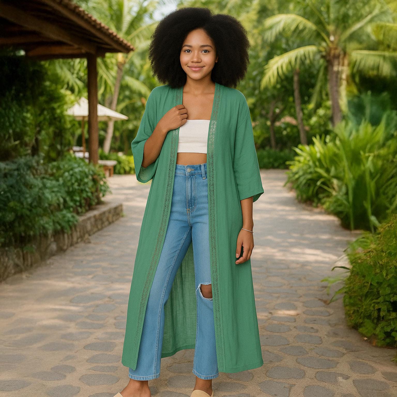 Sage Green Boho Duster Kimono: Lace Trim Beach Coverup