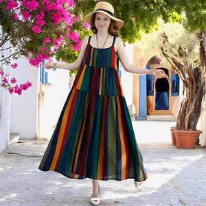 Rainbow Striped Maxi Dress: Bohemian Cotton Sundress