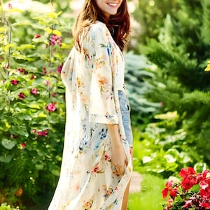 Floral Chiffon Kimono Cardigan | Lightweight Sheer Beach Cover Up | Summer Boho Layer | Boho Throw On | Holiday Wear | Summer Shall