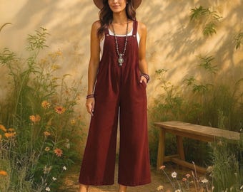 Burgundy & Mustard Dungarees: Boho Romper, Festival Outfit