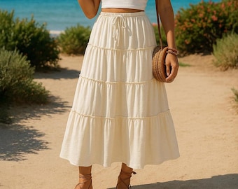 Cream Tiered Midi Skirt: Cotton Blend Boho Clothing