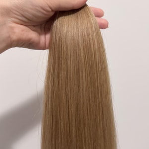 以下が含まれることがあります： 上部にケラチン接着チップが付いた、ストレートなライトブラウンのヘアエクステンションの束。髪は滑らかで均一な色合いをしており、自然な明るい栗色で、全体にわたって艶のあるストレートな質感が特徴です。
