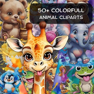 Plus de 50 cliparts d'animaux mignons | PNG bébés animaux colorés | Dessins animés et animaux de la jungle | Sublimation, Autocollants, Loisirs créatifs, Animaux colorés