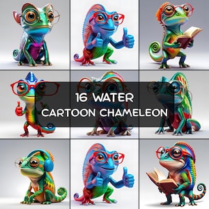 16 Watercolor Cartoon Chameleon Clipart | Cute Colorful Reptile PNG Bundle | Stunning Background | Animal Clip Art | Funny Lizard Clipart