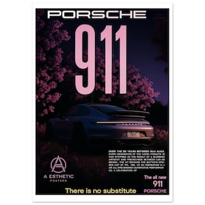 Poster Porsche 911 – Affiche Esthétique Voiture de Luxe, Style Violet & Rose, Décoration Murale Moderne