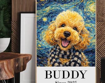 May include: A framed print featuring a golden poodle with a scarf, set against a swirling blue and yellow starry night background. The print includes the name "BUDDY" and the year "Since 2025" in a white banner.