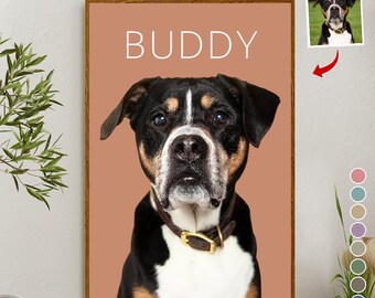 May include: A framed portrait of a dog named Buddy. The dog has black, white, and brown fur, a brown collar, and a gold buckle. The background is a solid peach color. The text "DESIGN CAN BE CHANGED" is at the top left.