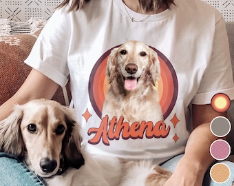 Custom Pet Portrait T-Shirt, Personalized Dog Photo Shirt with Name, Retro Vintage Pet Lover Gift, Custom Dog Mom Shirt