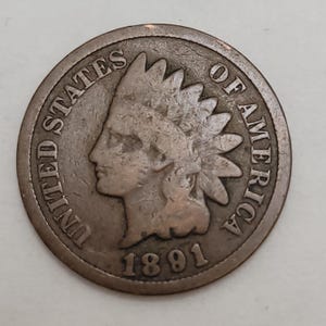May include: An antique Indian Head penny from 1891. The coin is bronze-colored and features a profile of a Native American in a feathered headdress. The words "UNITED STATES OF AMERICA" are inscribed around the edge, with the date "1891" below the profile.
