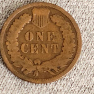 May include: A copper-colored Indian Head penny. The coin features the words "ONE CENT" in the center, surrounded by a wreath. Above the text is a shield design. The coin is round and has a slightly worn appearance.