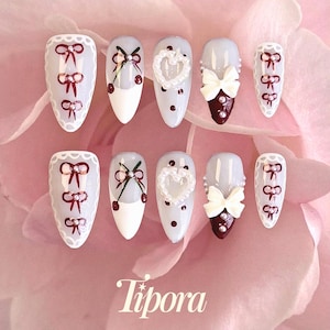 Lolita Cherry Red Press On Nails, 3D Heart Bow Fake Nails, Japanese Kawaii Lace Nails, Elegant Gothic Lolita Nails