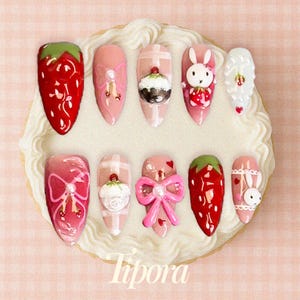 Strawberry bunny press on nails, 3D whipped cream nails, red pink Y2K nails, kawaii dessert nails, handmade sweet nail art
