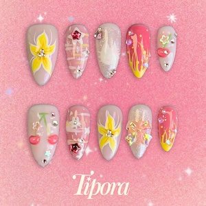 Kawaii press on nails, cherry and bow 3D nails, sparkly pink glitter nails, handmade y2k cute nail art, jelly aesthetic nails
