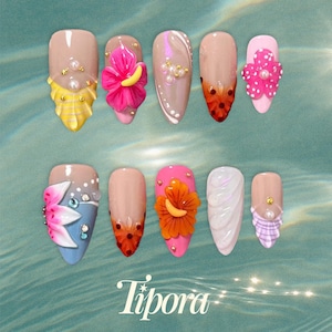 Hibiscus summer press on nails, tropical flower 3D nails, bright beach vacation nails, handmade colorful fake nails
