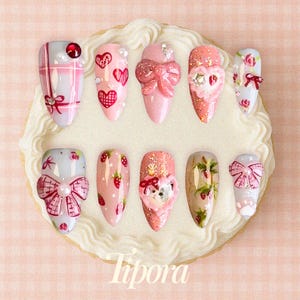 cute cat nails, Strawberry press on nails, 3D bow nails with glitter, girly fake nails, pink kawaii handmade nails, sweet nail art