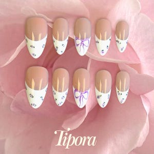 Vintage Floral Press On Nails, Hand Painted Bow French Tips, Purple Cottagecore Nails, White Girl Aesthetic Fake Nails