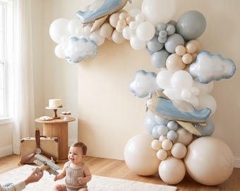 Time Flies First Birthday Party Balloon Garland Arch Airplane Cloud Theme Travel