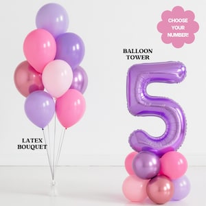 May include: A latex bouquet of pink, purple, and rose-colored balloons, and a purple number 5 balloon tower. The text "LATEX BOUQUET" and "BALLOON TOWER" are visible. A pink flower-shaped sign says "CHOOSE YOUR NUMBER!"