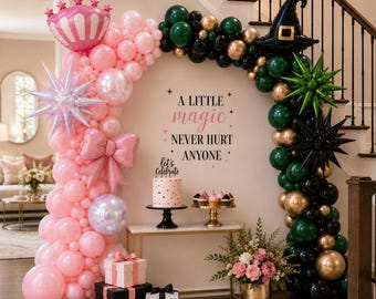 Wickedly Charmed DIY Balloon Garland Kit Good Witch Bad Witch Birthday Party Pink Green Black Gold Witch Hat Crown Starburst Foil Decor