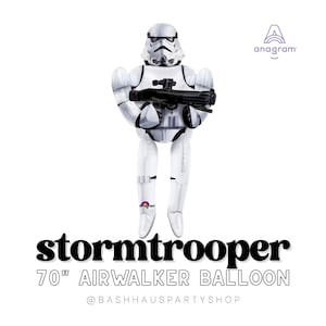May include: A white Stormtrooper Airwalker balloon, 70 inches tall, holding a black blaster rifle. The balloon features a detailed helmet and armor design. The word "stormtrooper" is written in a bold font.
