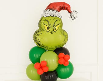 Decorazione per feste di Natale a tema Grinch, torre di palloncini, licenza, stravagante, Grinchmas, Friendsmas, Mean One, arco di caramelle alla menta, rosso e verde