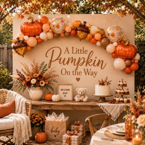 Könnte beinhalten: Ein Babyparty-Hintergrund mit dem Text A Little Pumpkin On The Way, dekoriert mit orangefarbenen und weißen Luftballons, Kürbis- und Eichel-Folienballons, einem Teddybären, einer Torte, Cupcakes, einem Blumenarrangement und Geschenkboxen.